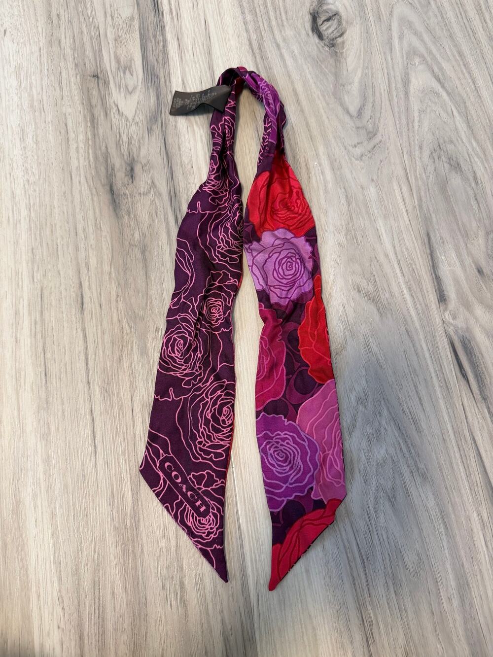 Coach Campbell Purple Floral Slim Skinny Ponytail 100% Silk Scarf #F83968
